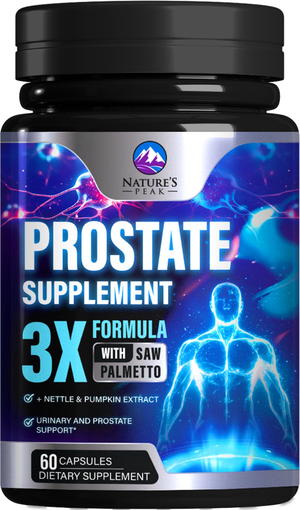 Front view of Prostate Health Supplements bottle with 60 capsules