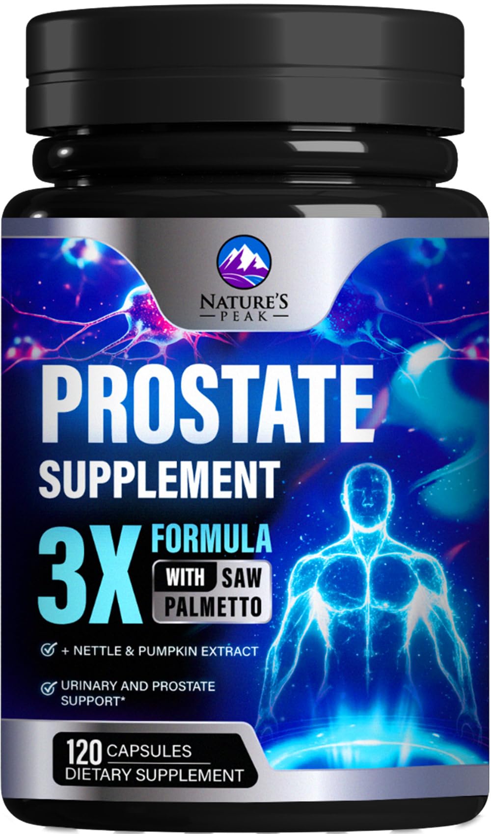 Bottle of prostate health supplement featuring 3x strength Saw Palmetto blend