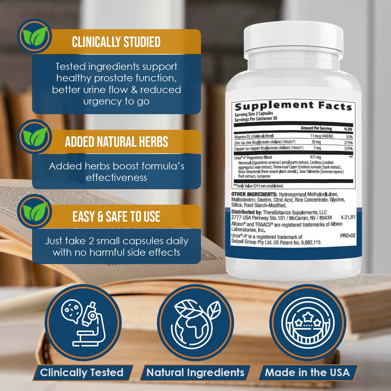 Prostate health and bladder support supplement bottle and ingredients