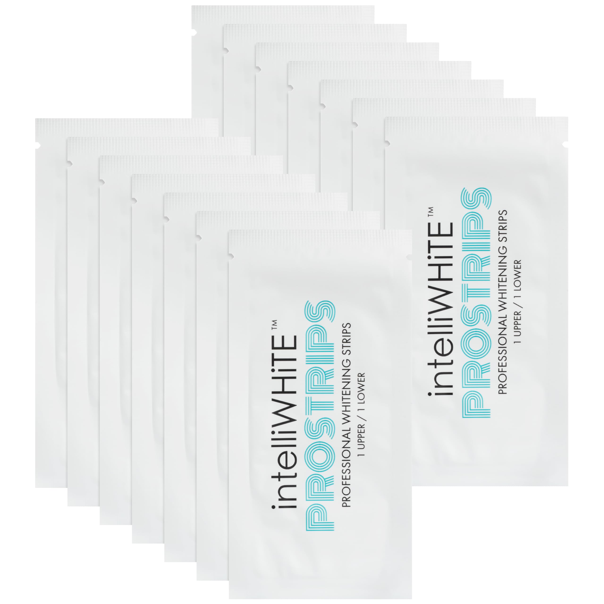 Close-up of Prostrips whitening strips applied to teeth