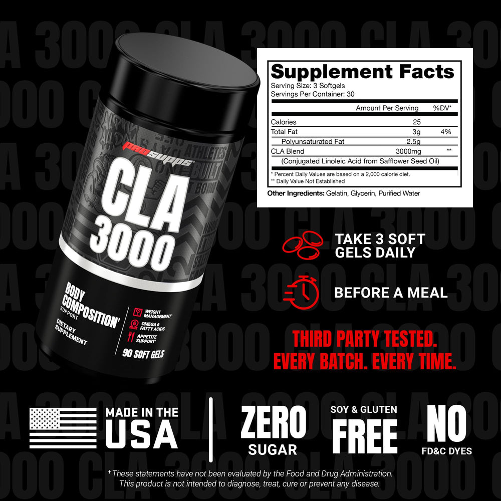 PROSUPPS CLA 3000 bottle close-up highlights readable label and clean ingredients.