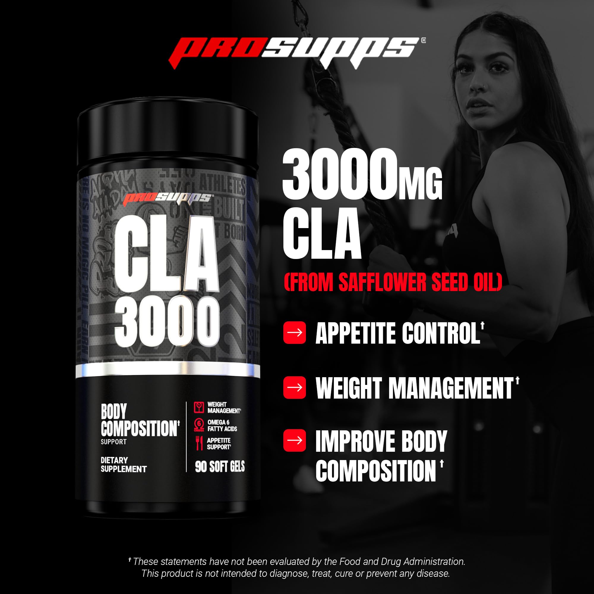 PROSUPPS CLA 3000 softgels poured illustrate easy daily dosage.