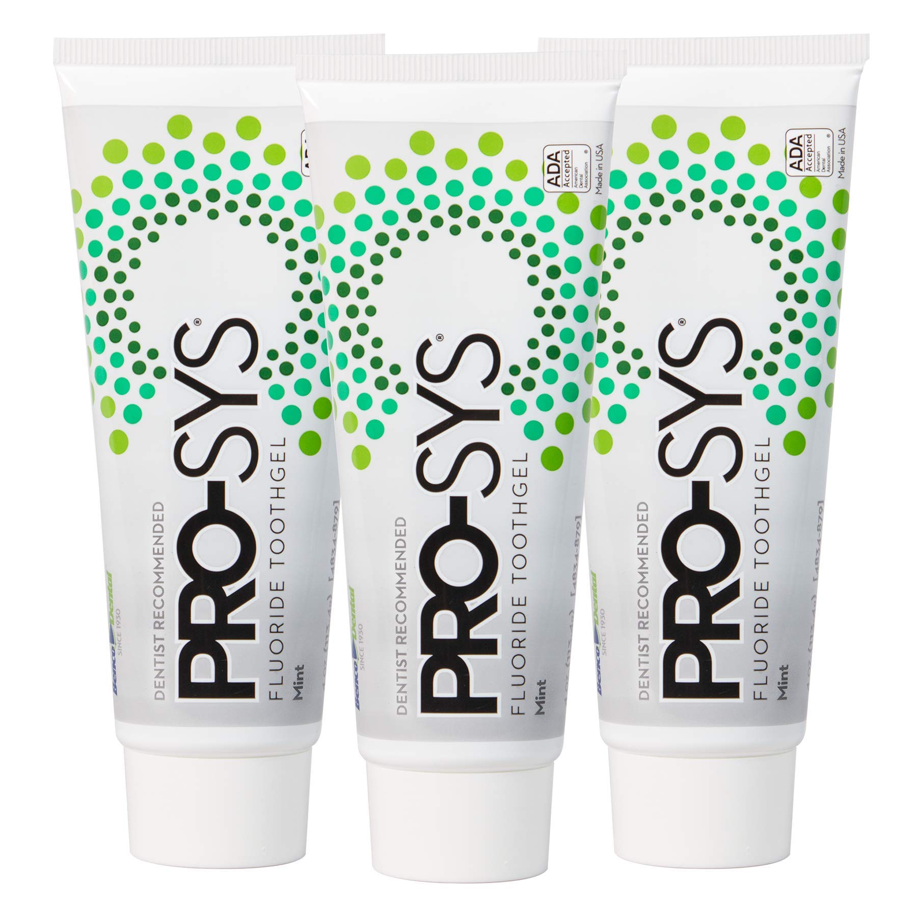 Three PRO-SYS Mint Fluoride Toothpaste Gel tubes in a 3-pack - front view