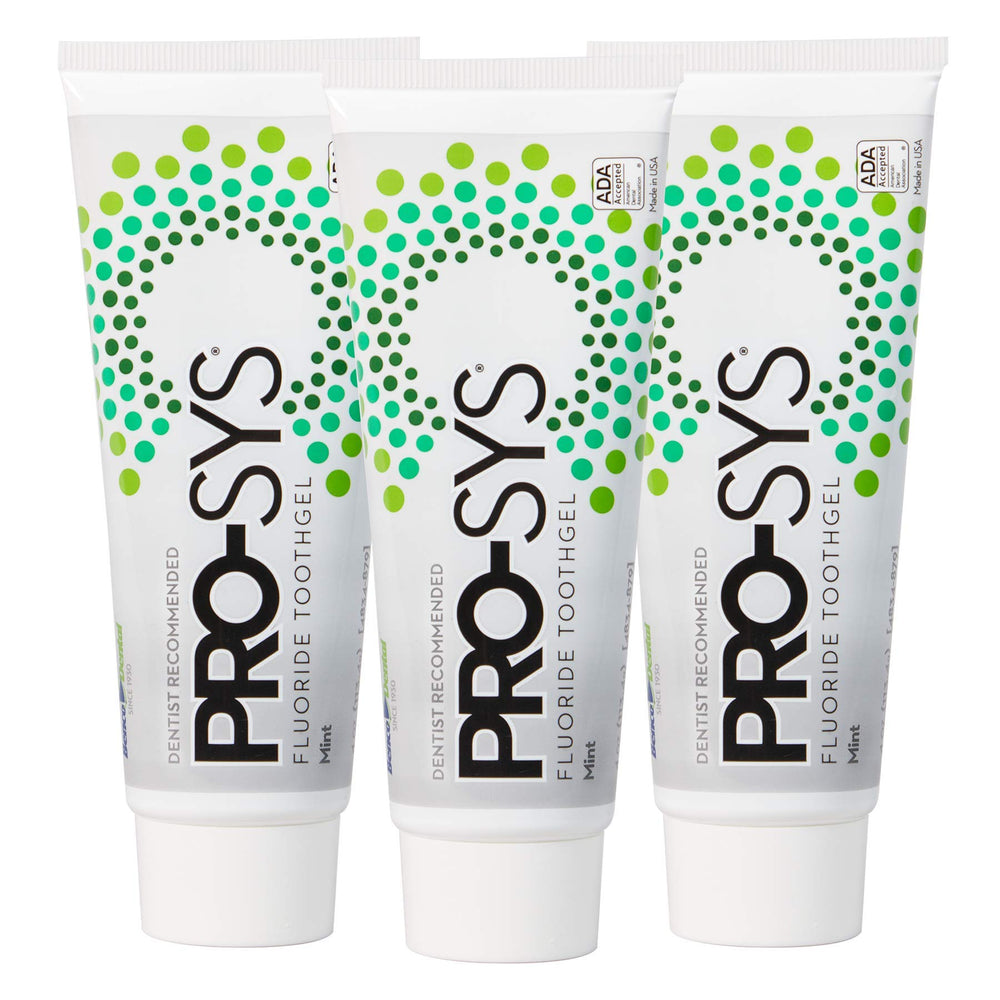 Three PRO-SYS Mint Fluoride Toothpaste Gel tubes in a 3-pack - front view