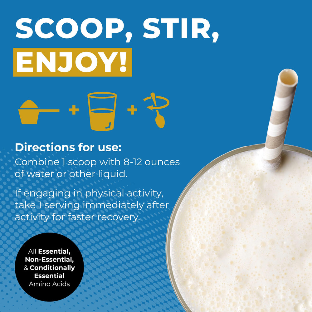 Vanilla collagen powder being stirred into a beverage