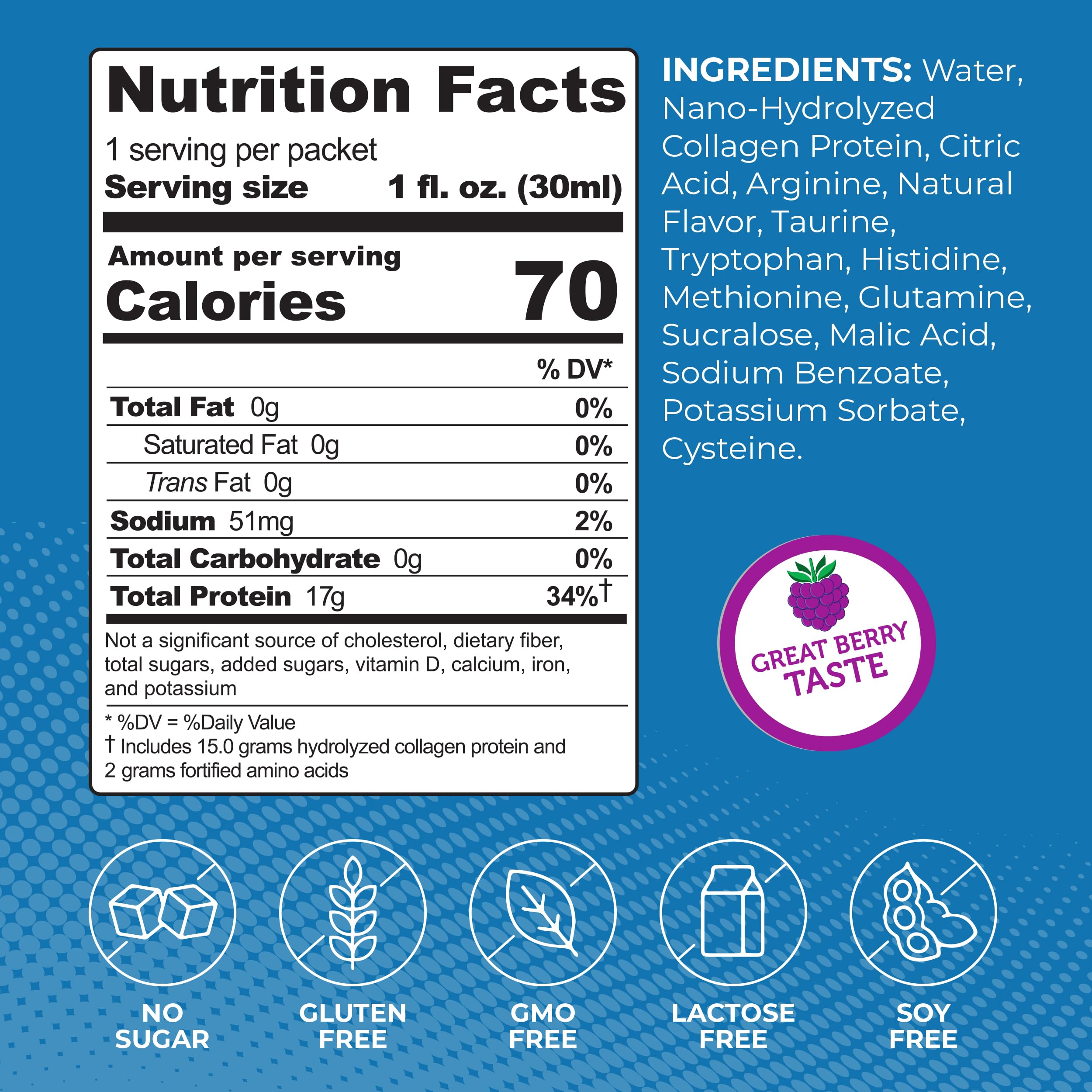 Back and side nutrition and ingredients of ProT Gold Berry Collagen Shot