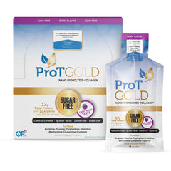 Front view of ProT Gold Berry Liquid Collagen Protein Shot bottle and packaging