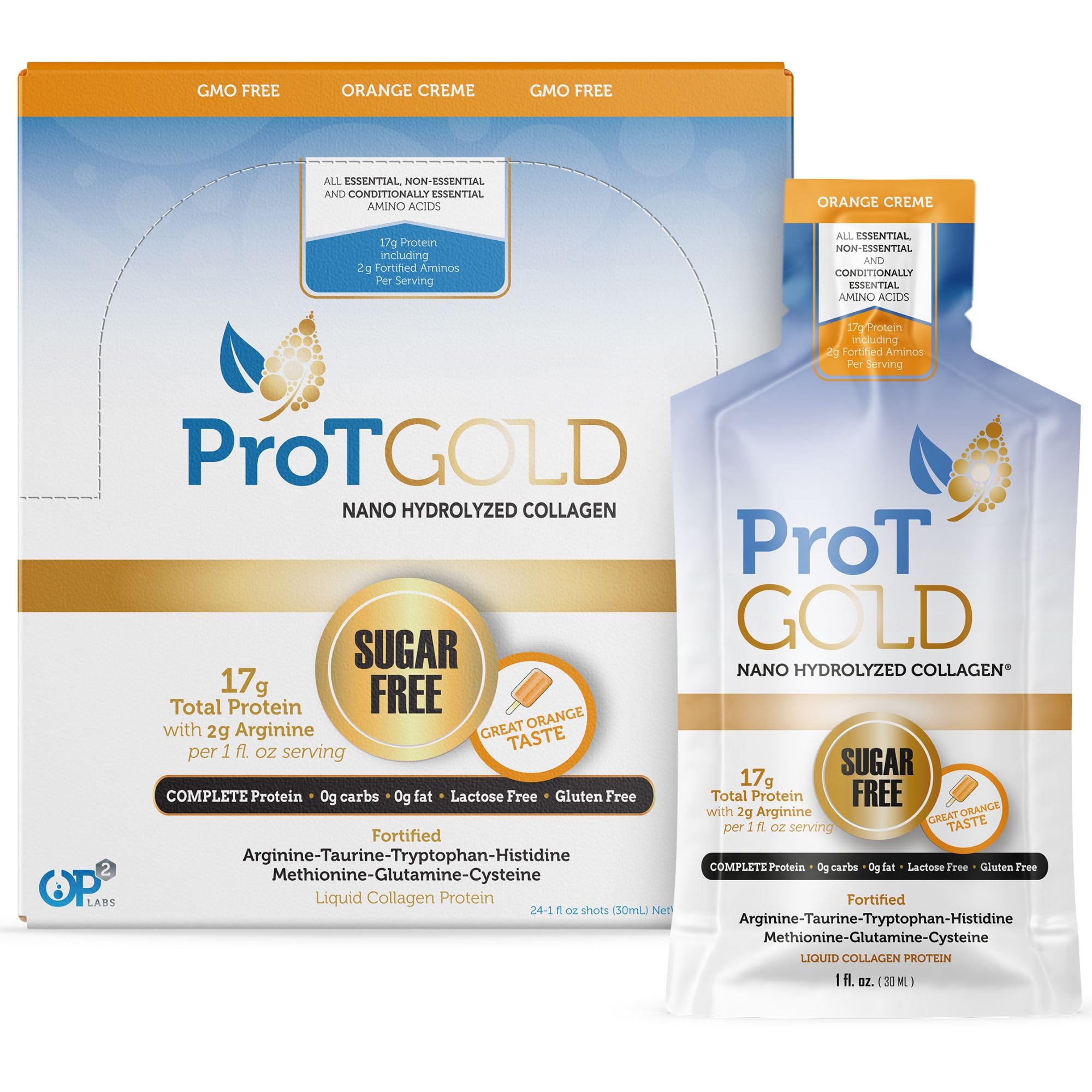 Front view of ProT Gold Orange Creme liquid collagen shot 1 oz 24-pack
