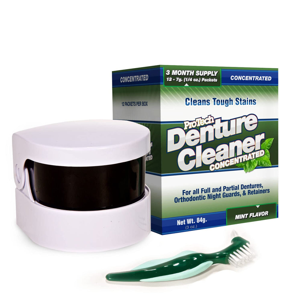 Contents of ProTech Removable Appliance Care Kit showing cleaner, brush and brochure