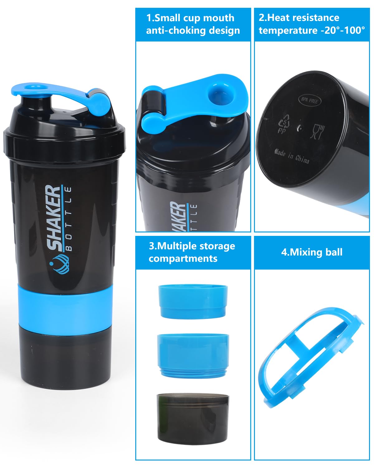 Shaker bottle showing three extra storage compartments