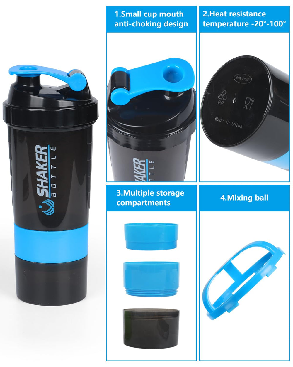 Shaker bottle showing three extra storage compartments