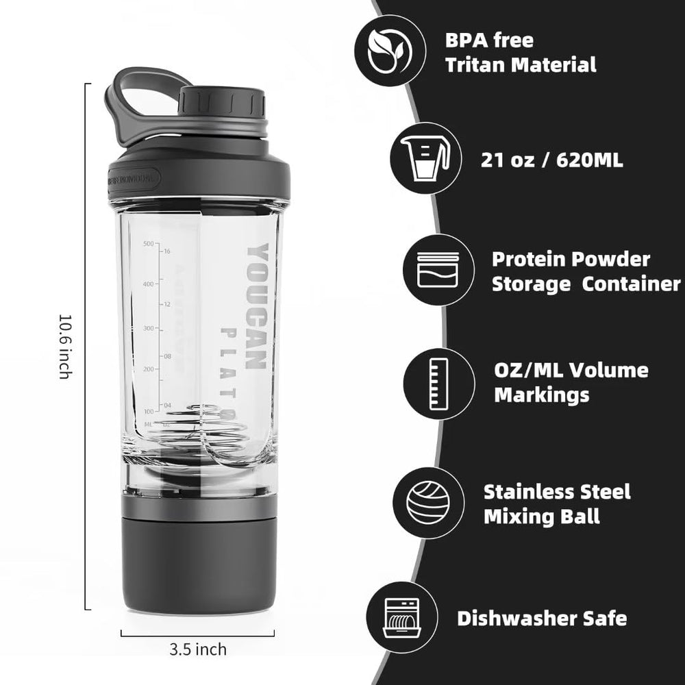 Shaker bottle powder storage compartment