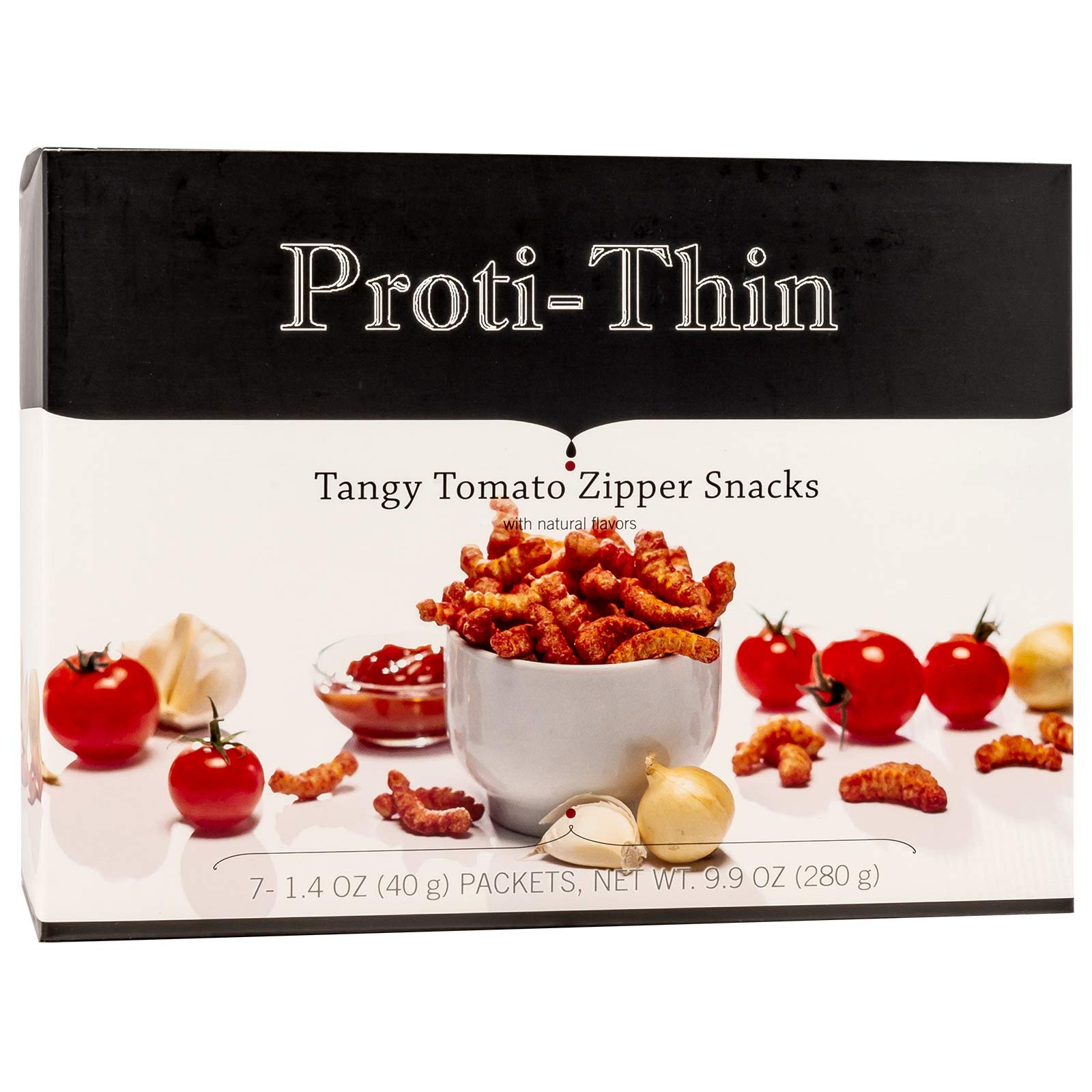 Front view of Proti-Thin Tangy Tomato Zipper Snac ks 7-pack