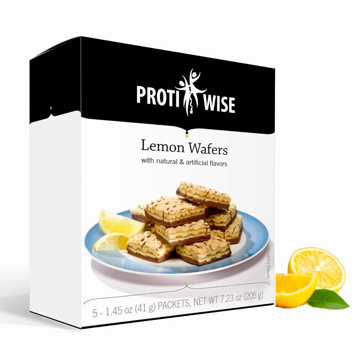 ProtiWise Lemon Protein Wafers box front, five servings for convenient hunger control.