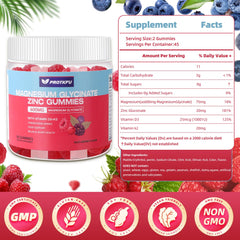 Close-up of gummies showing 600mg magnesium glycinate and 20mg zinc per gummy