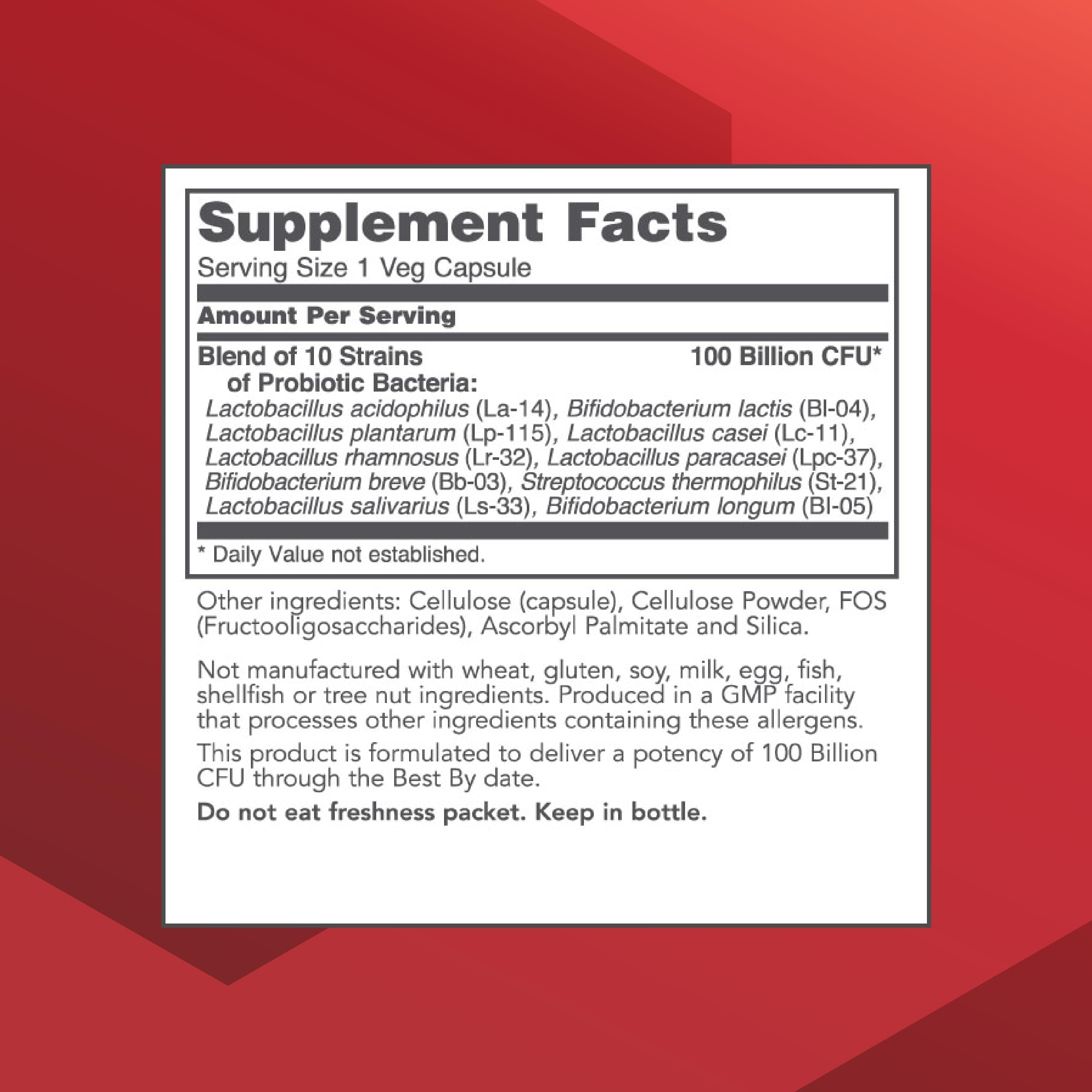 Close-up of Proto Dophilus 100B 10 strains label