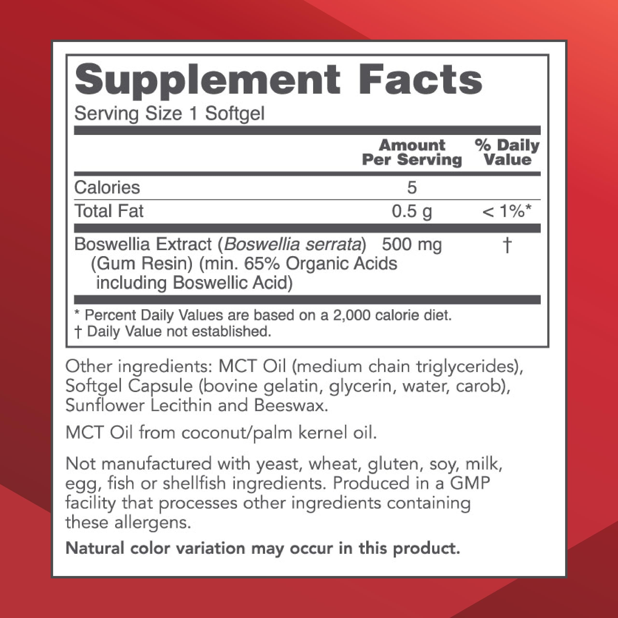 Softgels showing MCT oil base for boswellia extract