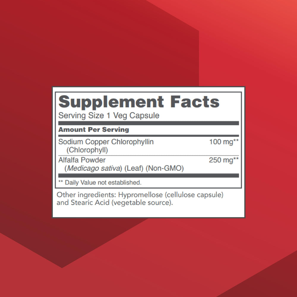 Chlorophyll capsules labeled 100 mg