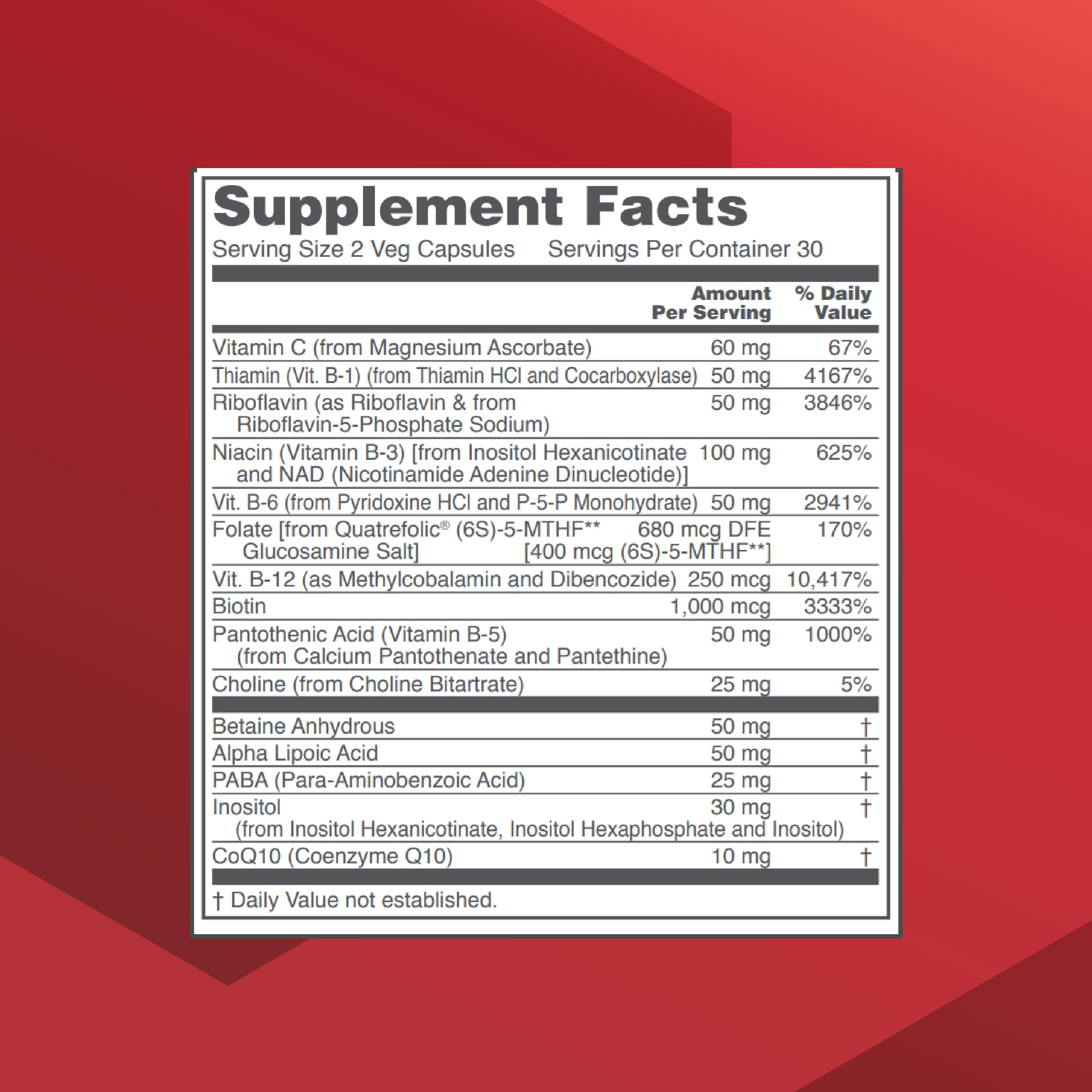 Close-up of product label highlighting B vitamins