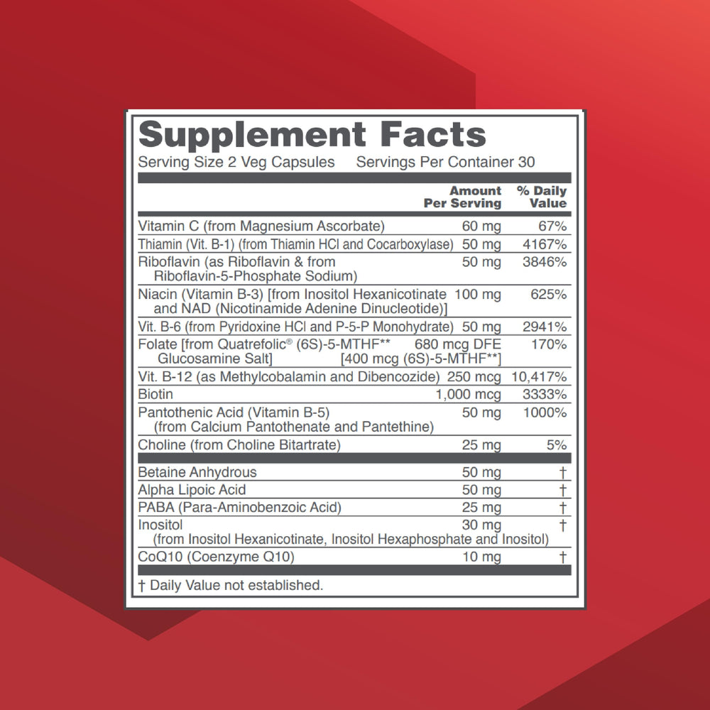 Close-up of product label highlighting B vitamins
