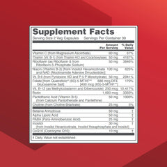 Close-up of product label highlighting B vitamins