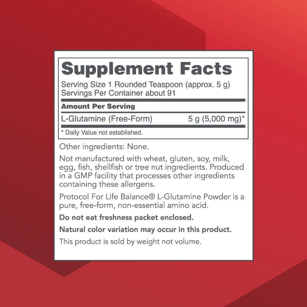 Back of Protocol for Life Balance L-Glutamine powder 1 lb container