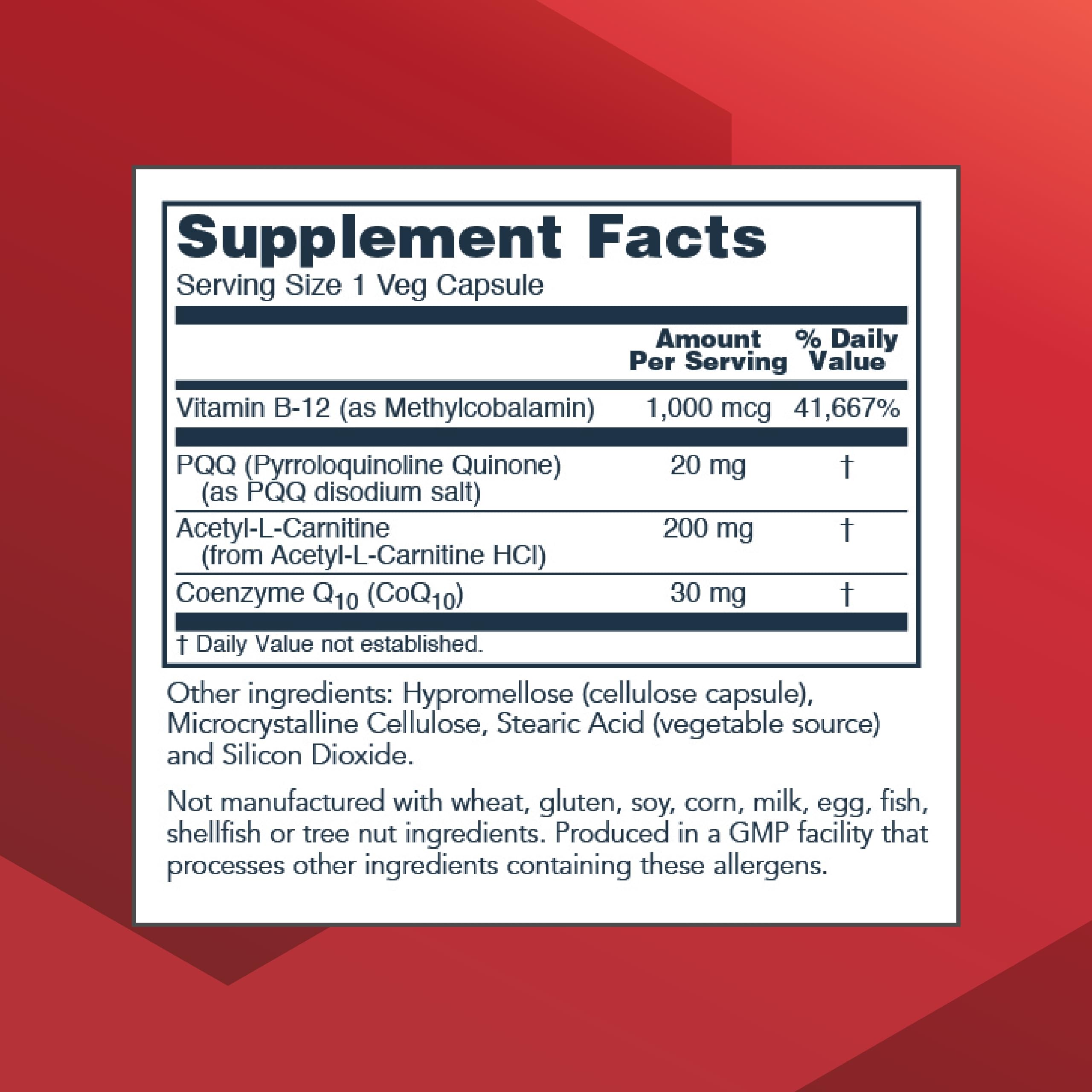 Close-up of PQQ Complex ingredients: PQQ, acetyl-L-carnitine, CoQ10