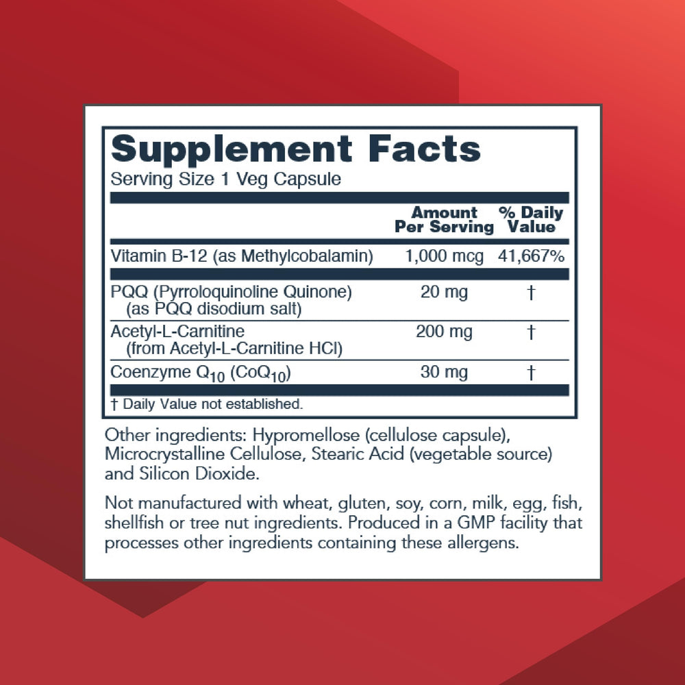 Close-up of PQQ Complex ingredients: PQQ, acetyl-L-carnitine, CoQ10