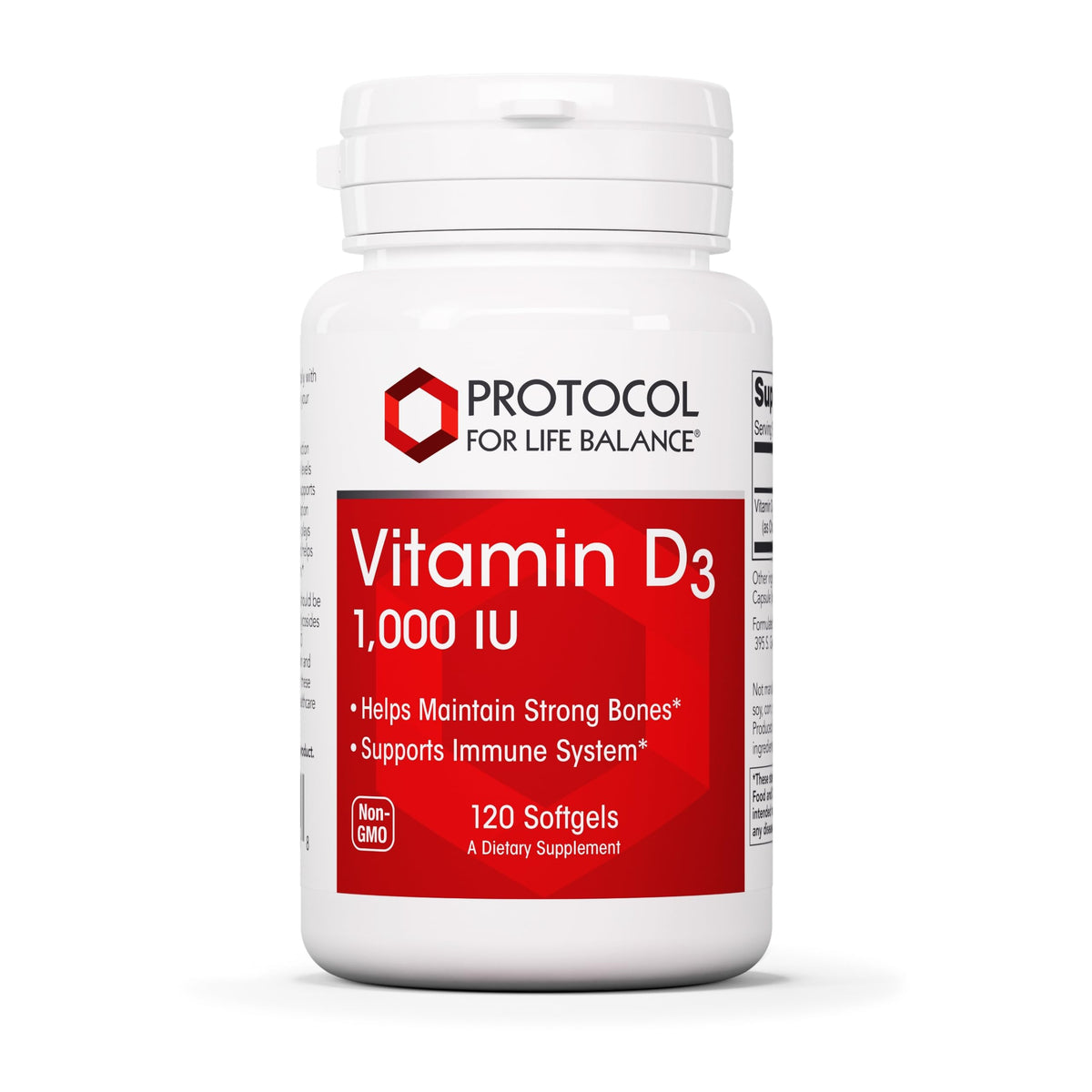 Bottle of Protocol For Life Balance Vitamin D3 1000 IU softgels