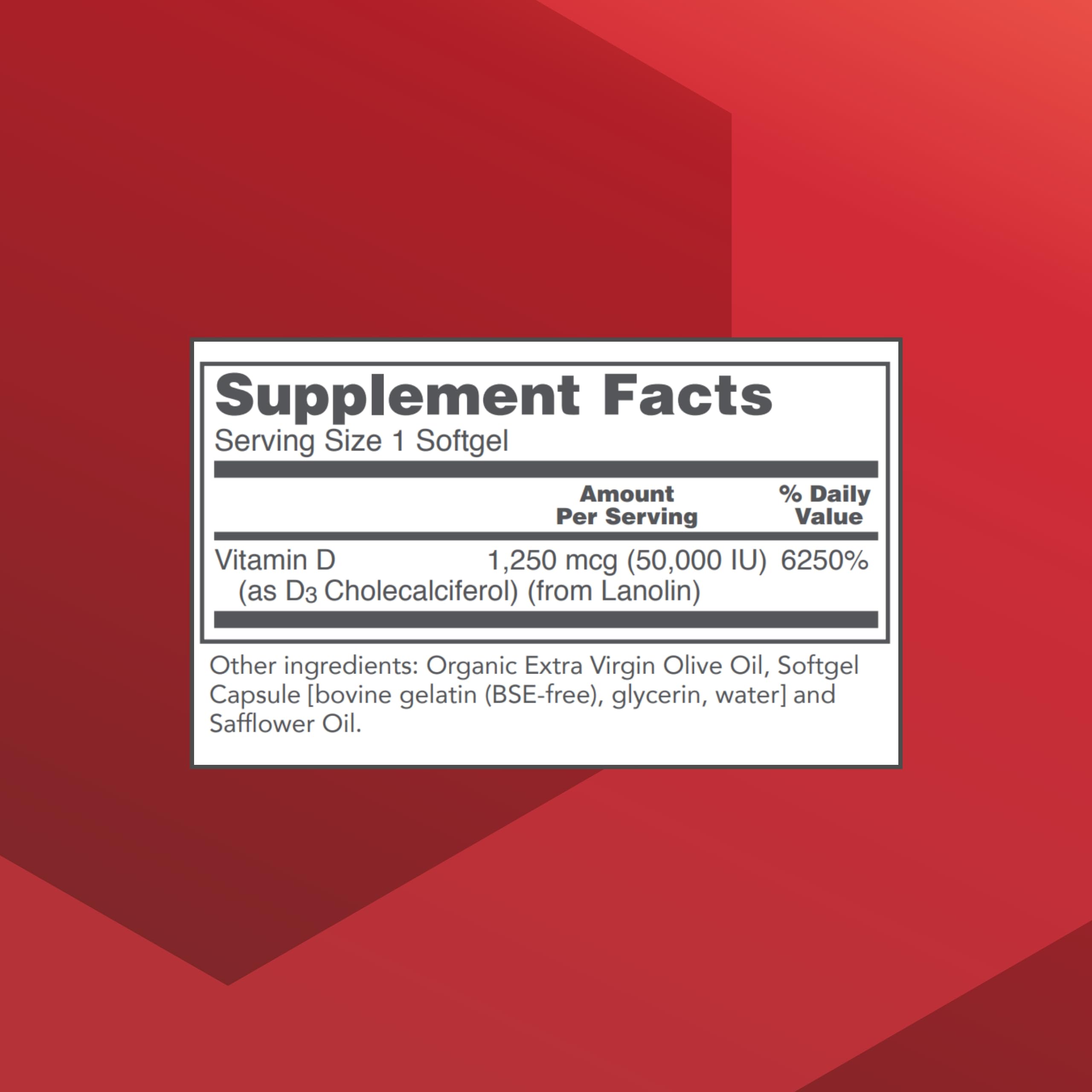 Label close-up showing Vitamin D3 50000 IU on bottle