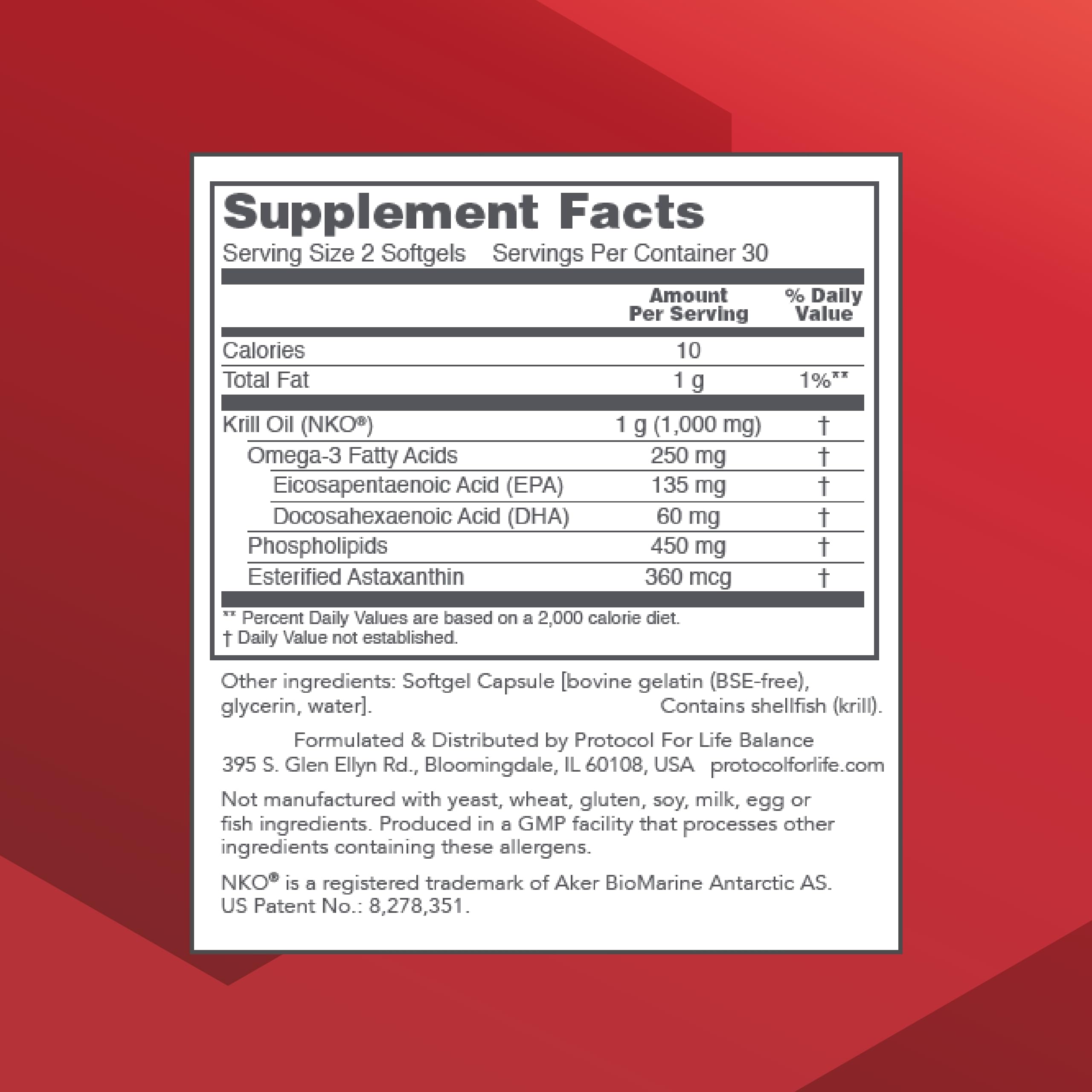 Bottle and packaging of Protocol for Life Balance Krill Oil 1000mg 60 softgels