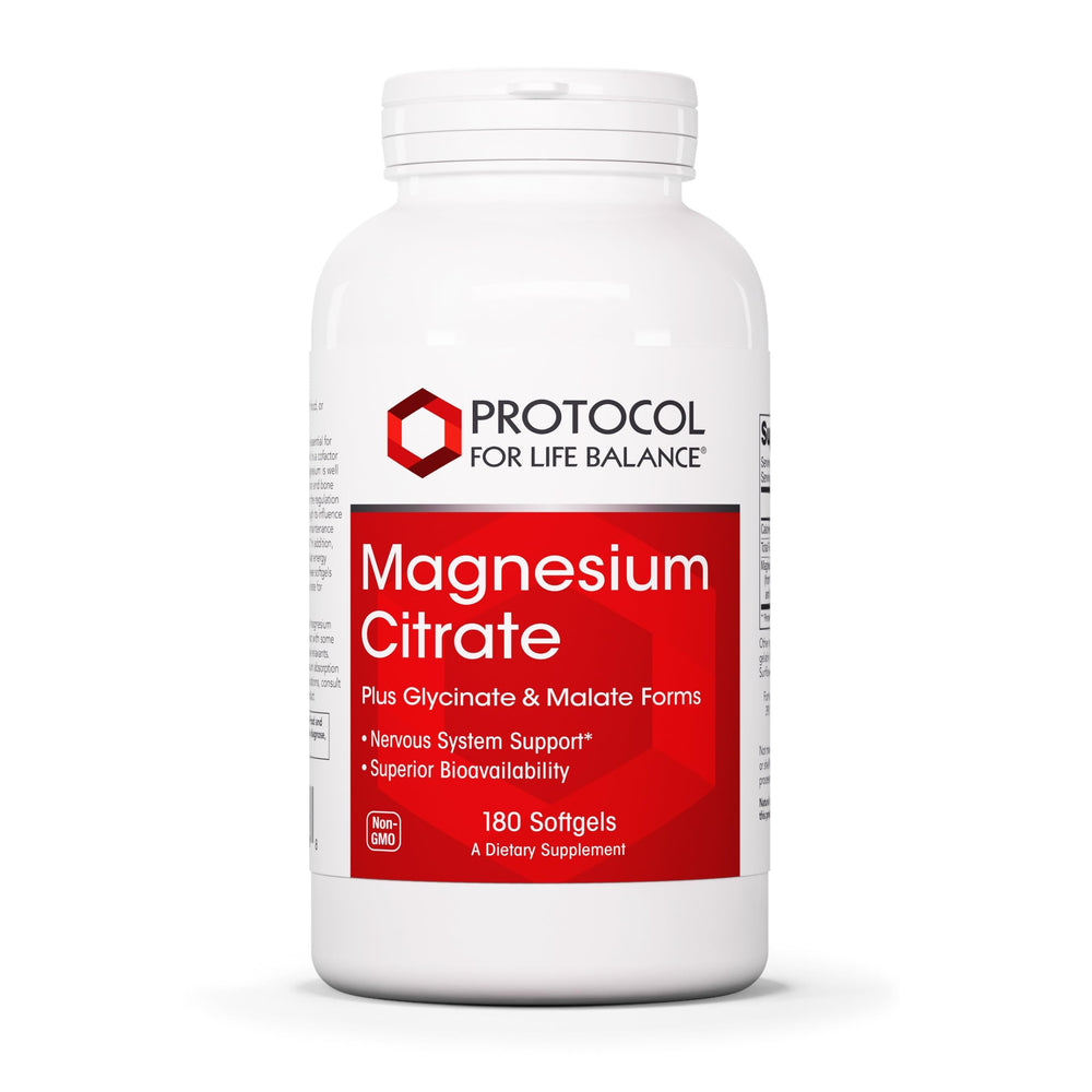 Bottle of Protocol for Life Balance magnesium citrate glycinate malate 180 softgels