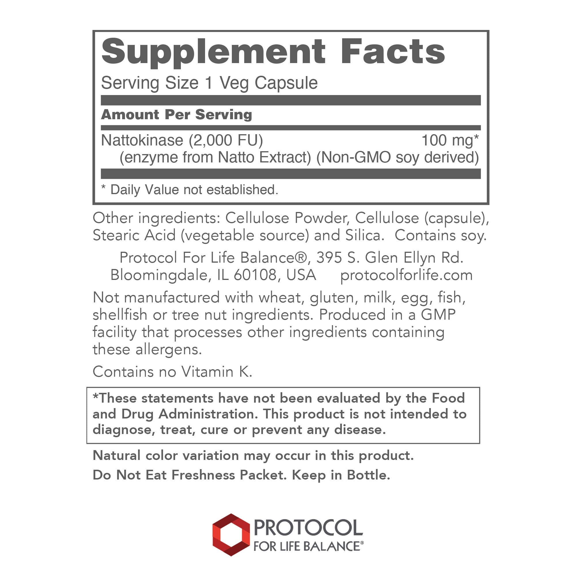 Label showing Protocol Nattokinase 100mg