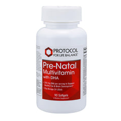 Front view of Protocol Pre-Natal Multivitamin with DHA bottle and 90 softgels