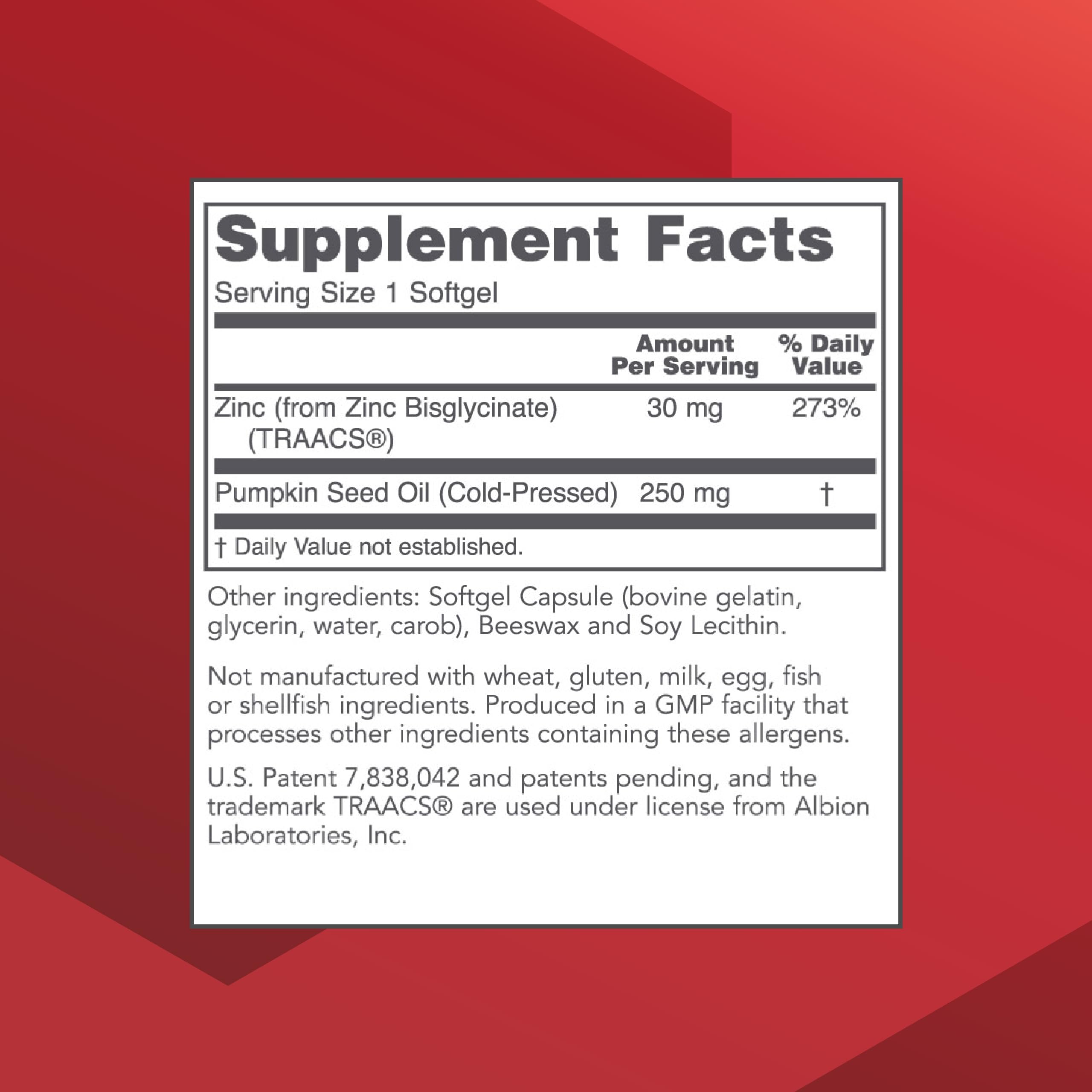 Nutritional label close-up showing 30mg zinc