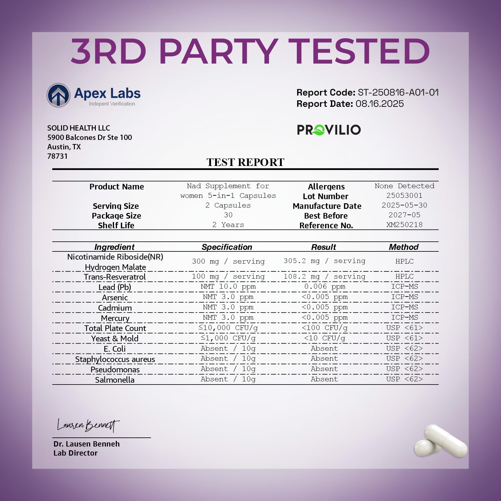 Non-GMO, allergen-free NAD+ supplement label