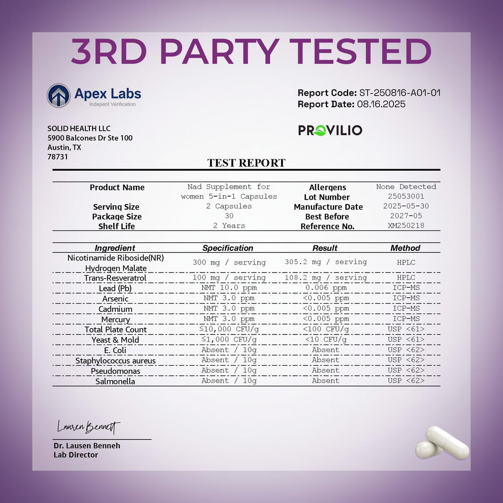 Non-GMO, allergen-free NAD+ supplement label