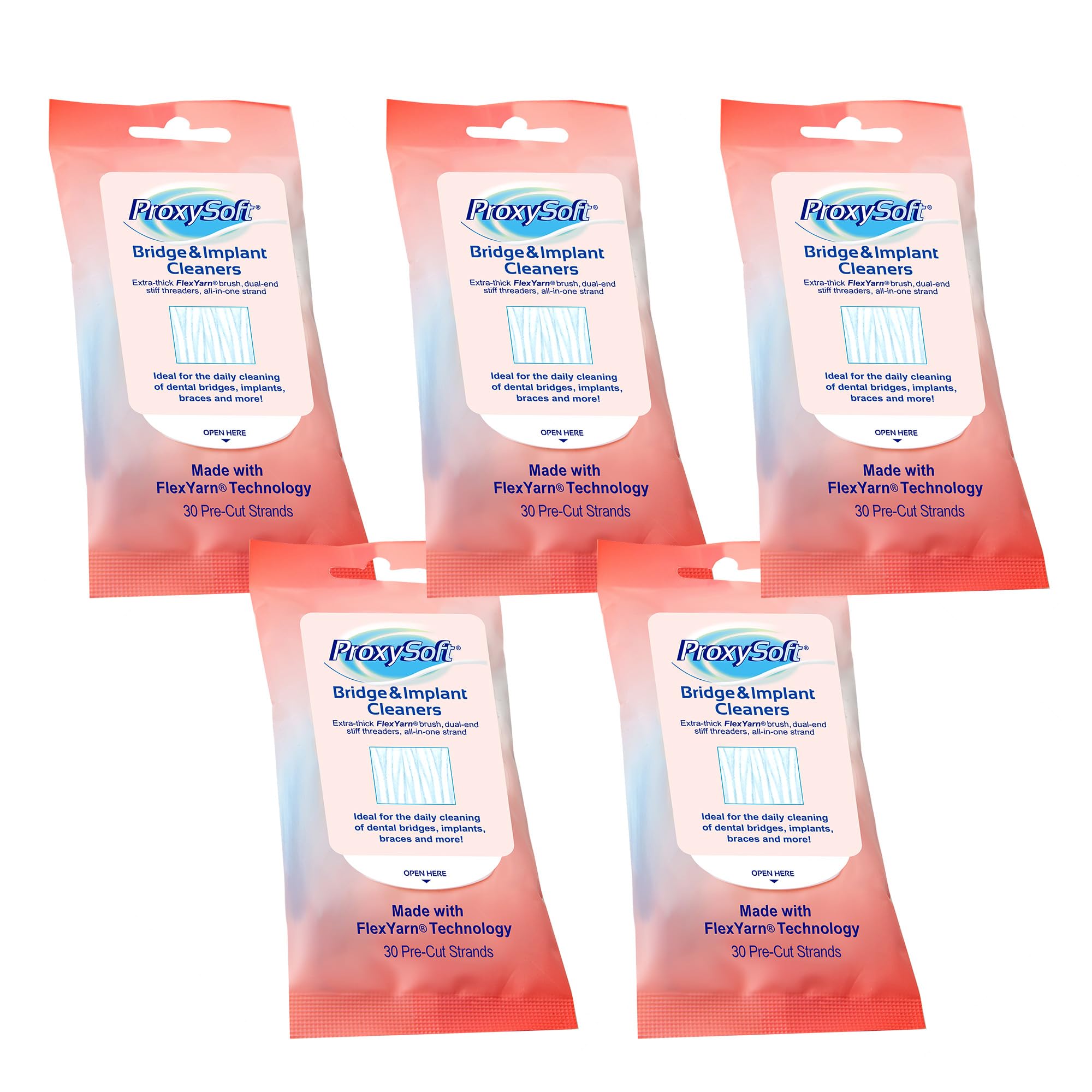 Five travel packs of Proxysoft dental floss for bridges and implants