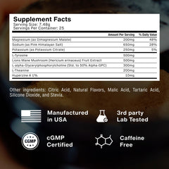 Ingredients panel showing Lion's Mane, Alpha GPC and L-Tyrosine