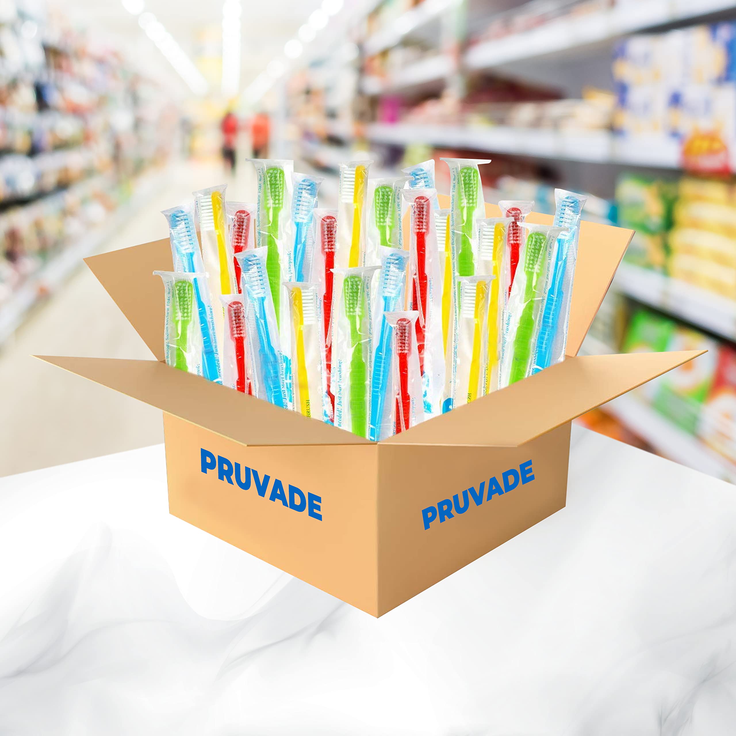 PRUVADE disposable toothbrushes displayed for travel