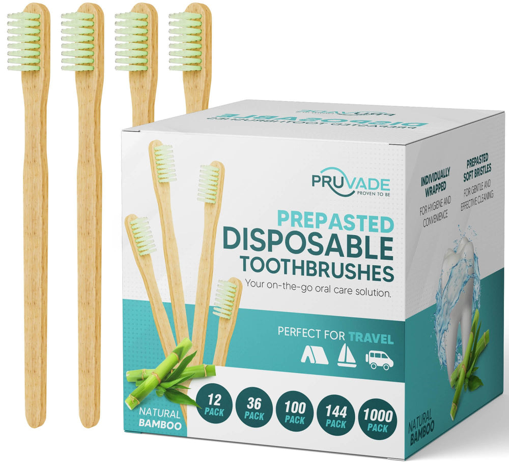 Pruvade disposable bamboo toothbrushes with built-in toothpaste in hero image