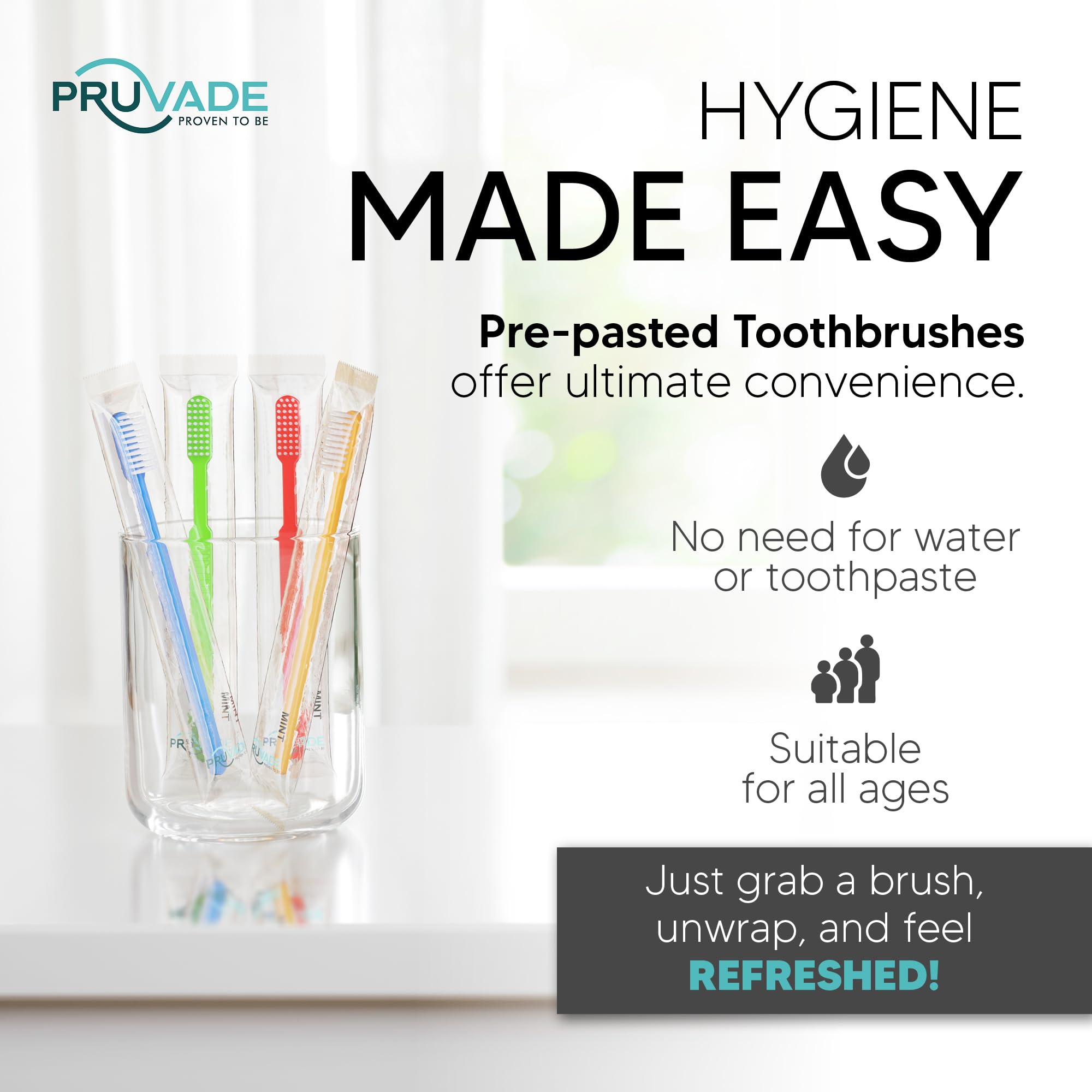 Close-up of soft bristles on a prepasted disposable toothbrush