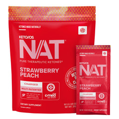 PRÜVIT Keto//OS NAT Strawberry Peach drink mix bottle pour supports on-the-go energy and focus.