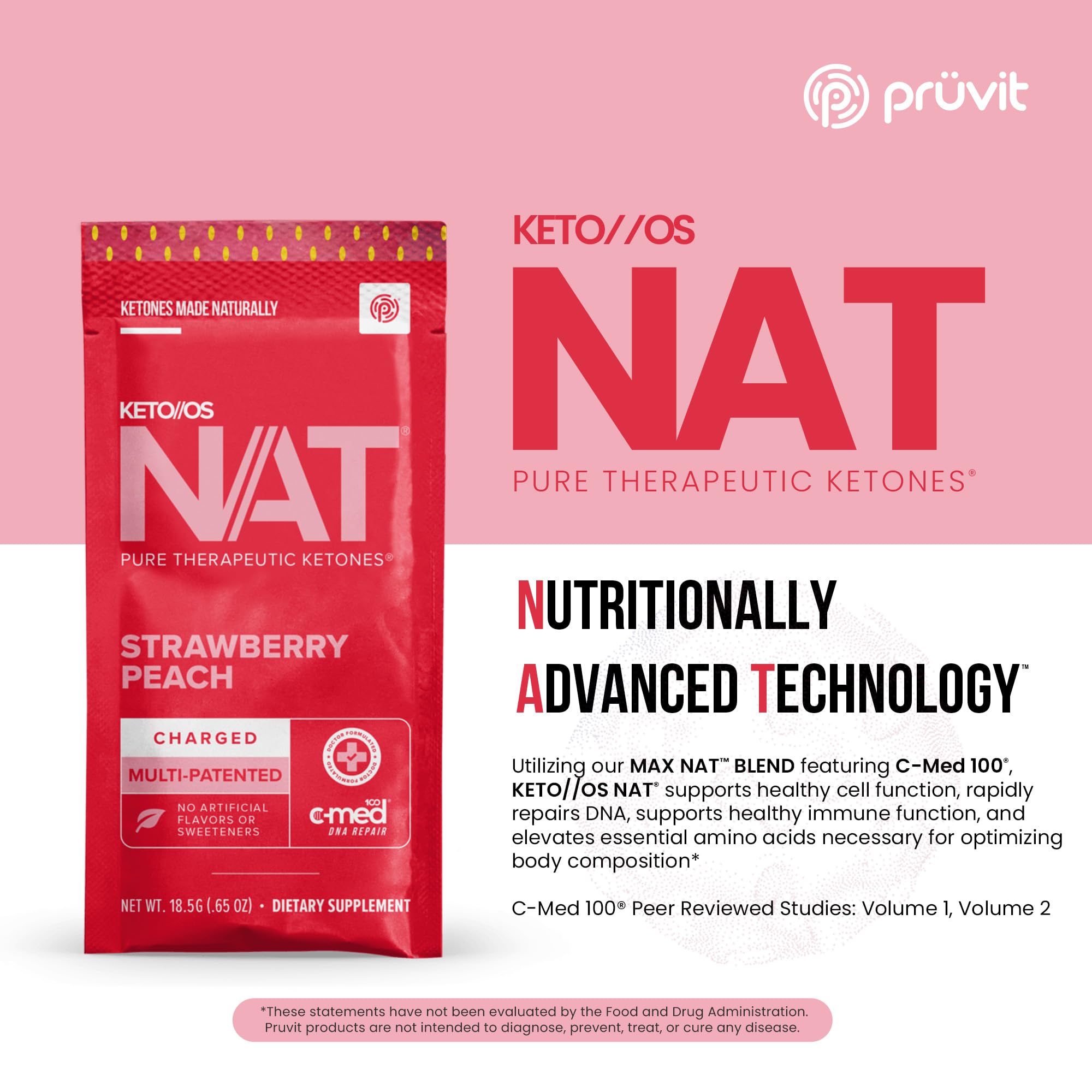 PRÜVIT Keto//OS NAT Strawberry Peach mix-ingredients showcases C-Med 100 and L‑Taurine for cognitive support.