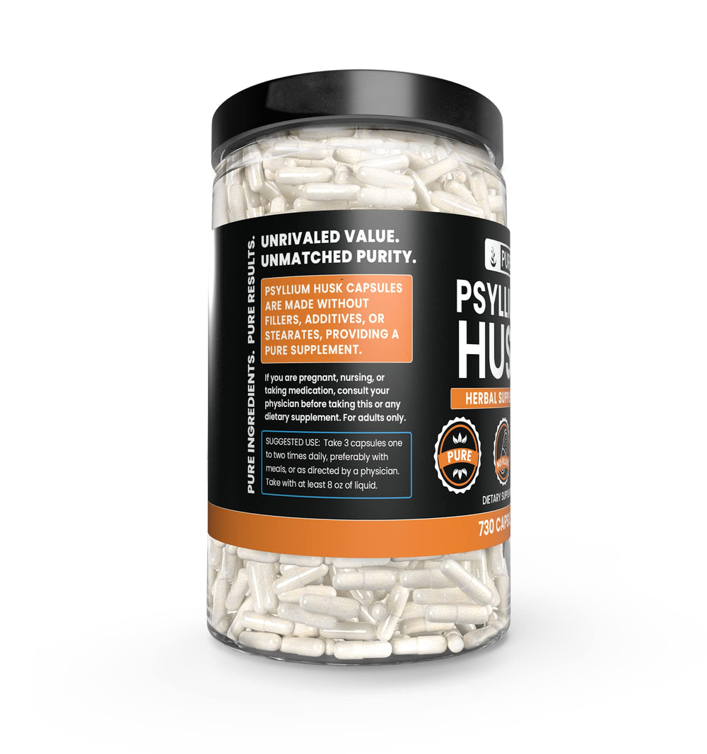 Psyllium husk capsules packaging showing no magnesium or rice fillers