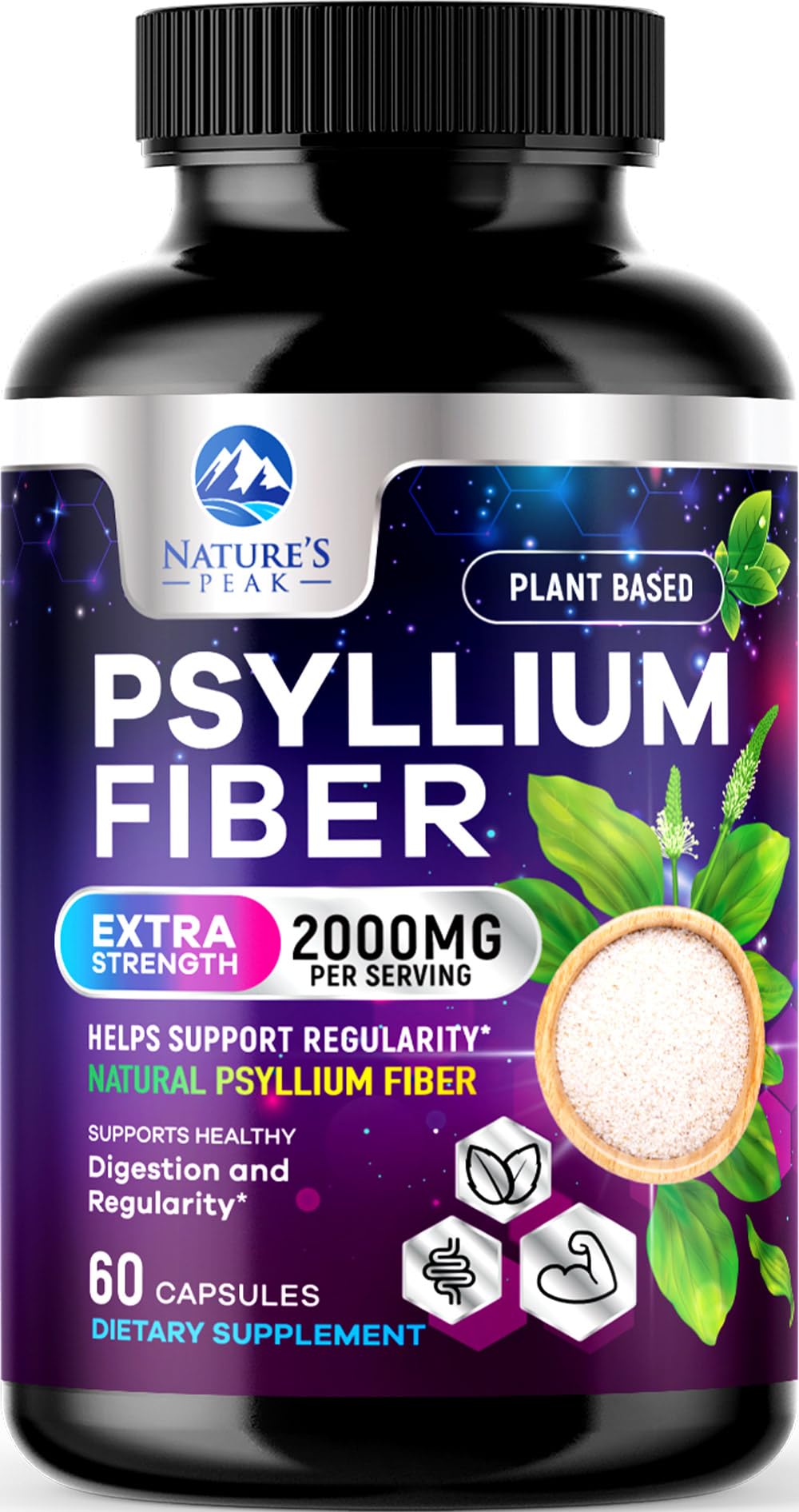Front label of Psyllium Husk Fiber 1500mg bottle with 60 capsules