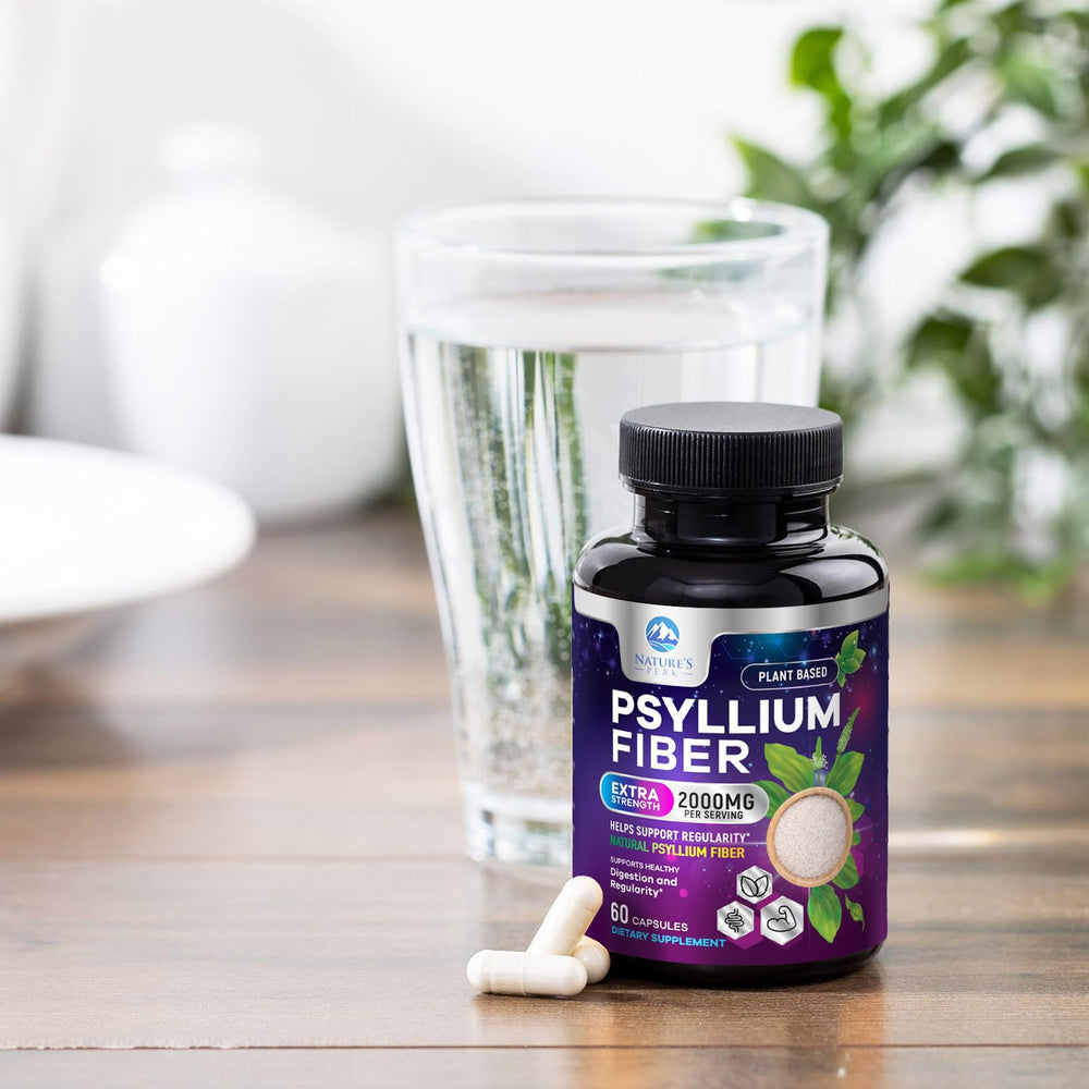 Vegan psyllium husk capsules on white background