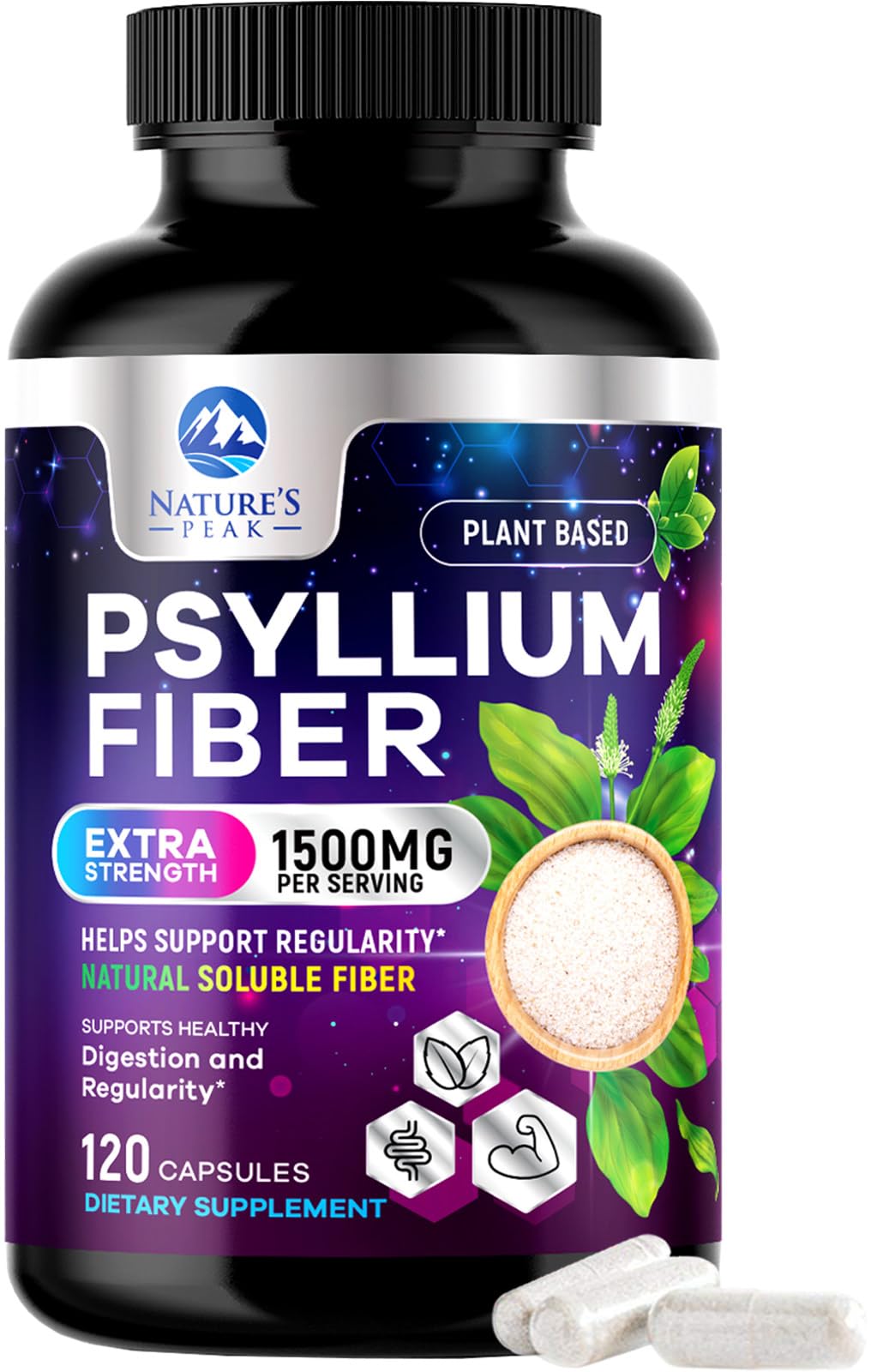 Psyllium husk fiber supplement bottle with 120 capsules