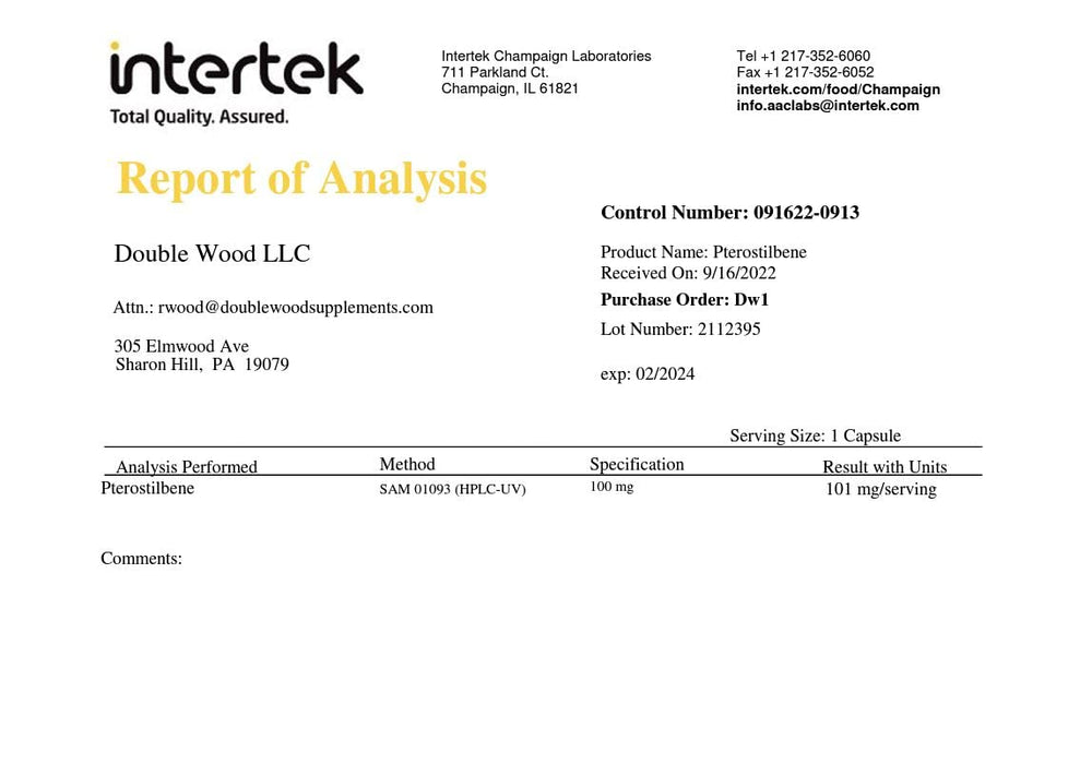 Supplement facts panel for Pterostilbene 100mg capsules
