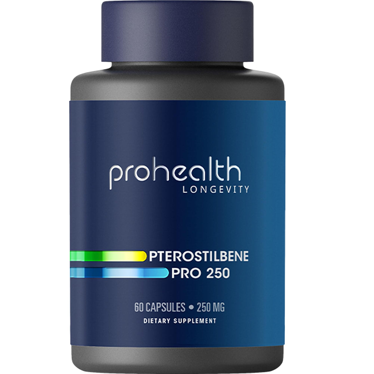 Pterostilbene 250mg bottle with 60 capsules on white background